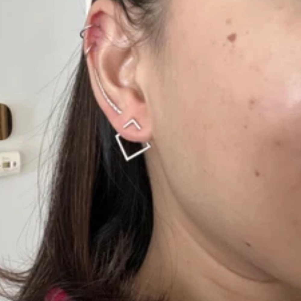 [SILVER]Modern Minimal Geometric Square Versatile Stud Earrings EarJacket - Picture 4 of 15